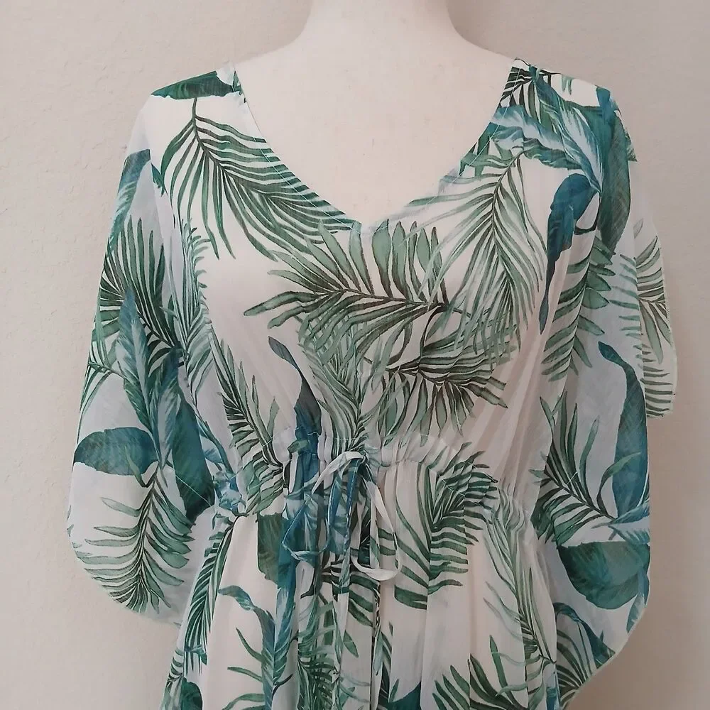 Kona Sol Leaf Print Bathing Suit Beach Cover Up Women’s Size XL Green White 1035